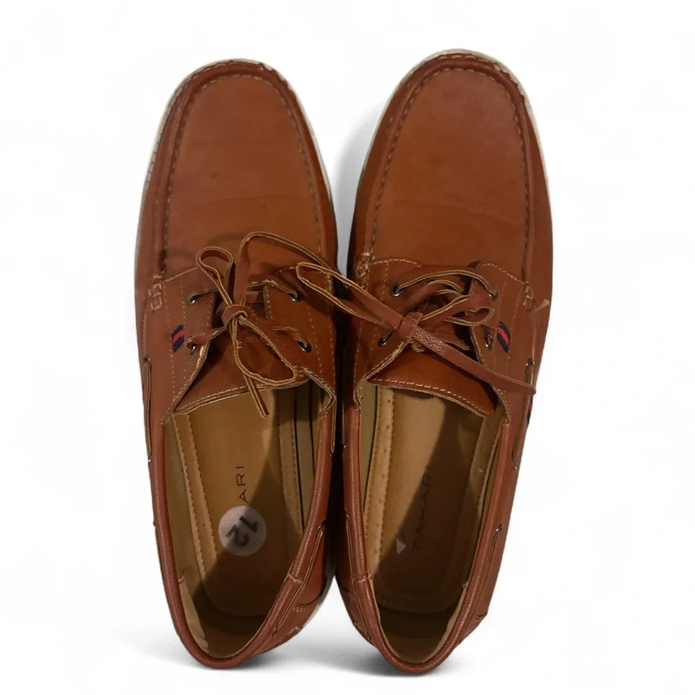 Tahari Men’s Brown Leather Boat Shoes Size 12 Moc Toe Stripe Casual Loafers